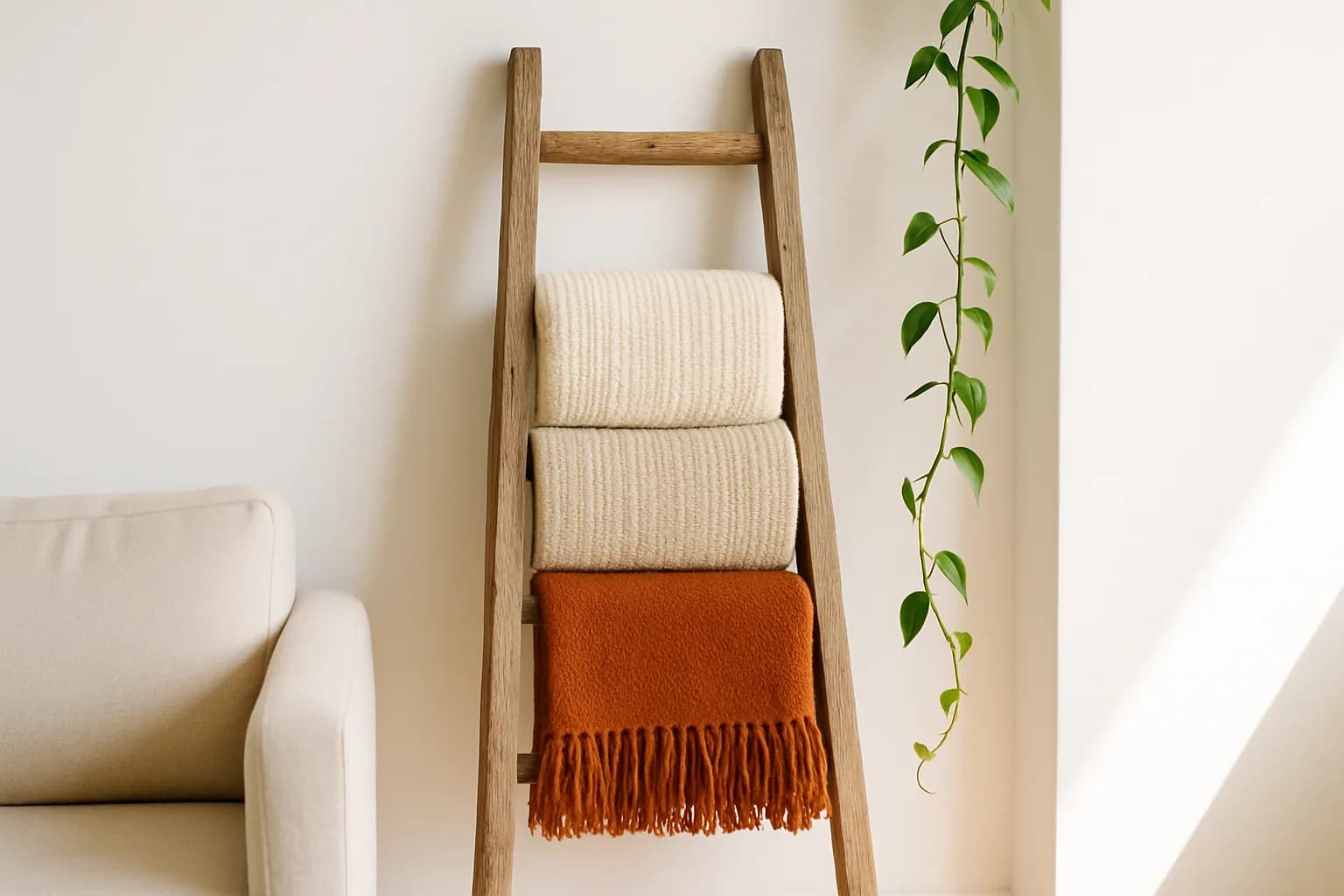 A wooden ladder used as a blanket rack, draped with folded throw blankets.