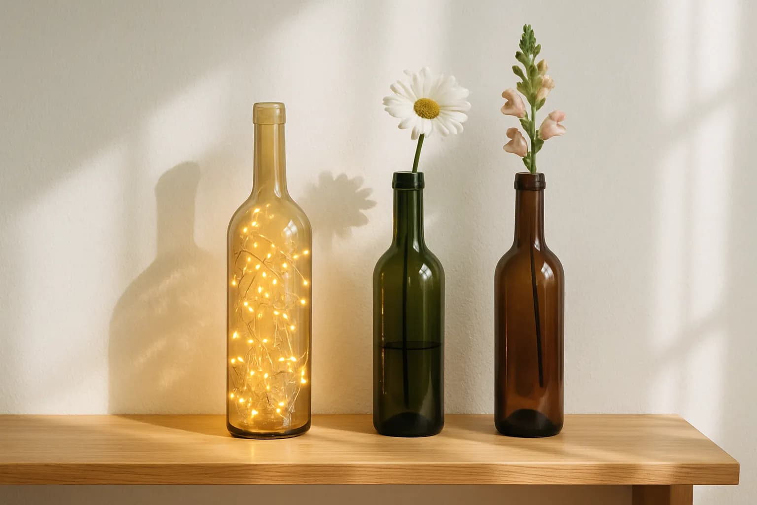Wine bottles upcycled into bud vases and a fairy-light lamp on a shelf.