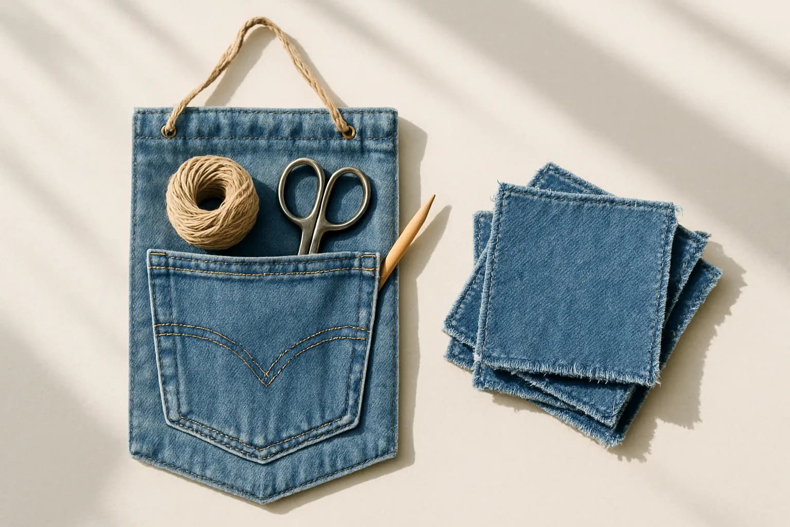 A denim back-panel cut into a hanging pocket organizer holding twine and small tools, beside a stack of frayed-edge denim coasters