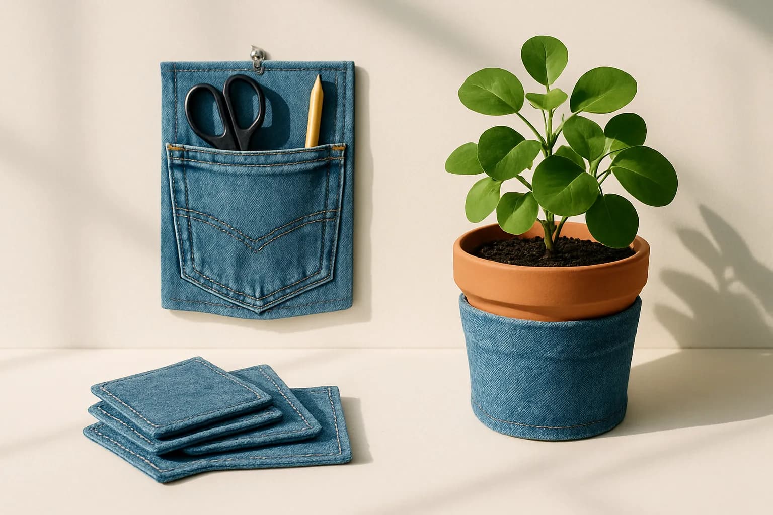 Upcycled denim — a pocket organizer, coasters, and a plant-pot cozy.