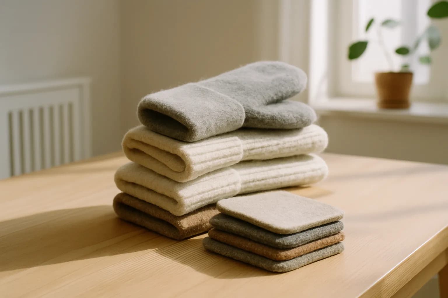 A folded stack of mittens, leg warmers, and coasters cut from felted wool sweaters on a wooden surface