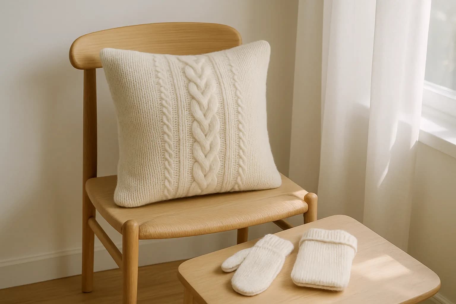 An old sweater upcycled into a cushion cover, mittens, and a pouch.