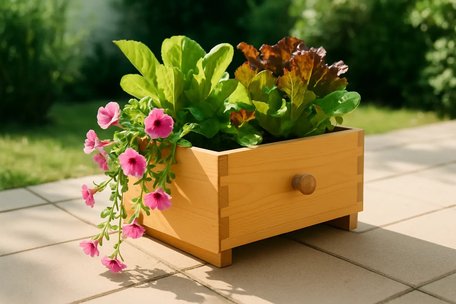 A wooden drawer planted with trailing flowers and salad leaves, sitting on a patio