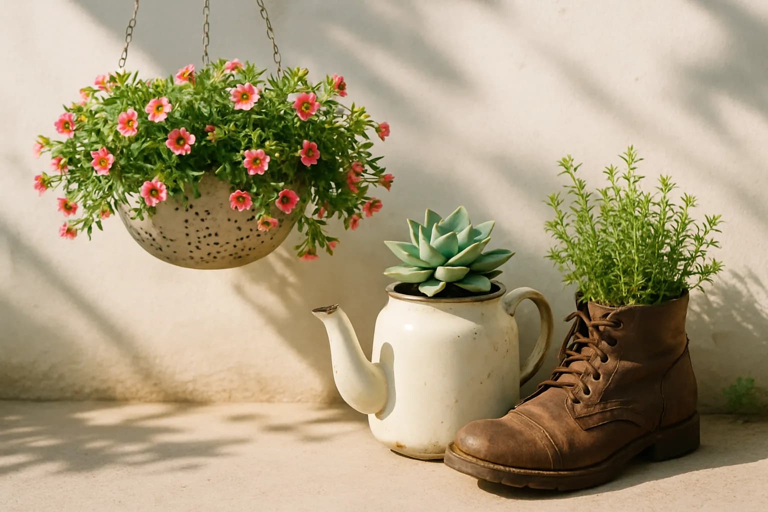 A colander, teapot, and boot upcycled into planters.