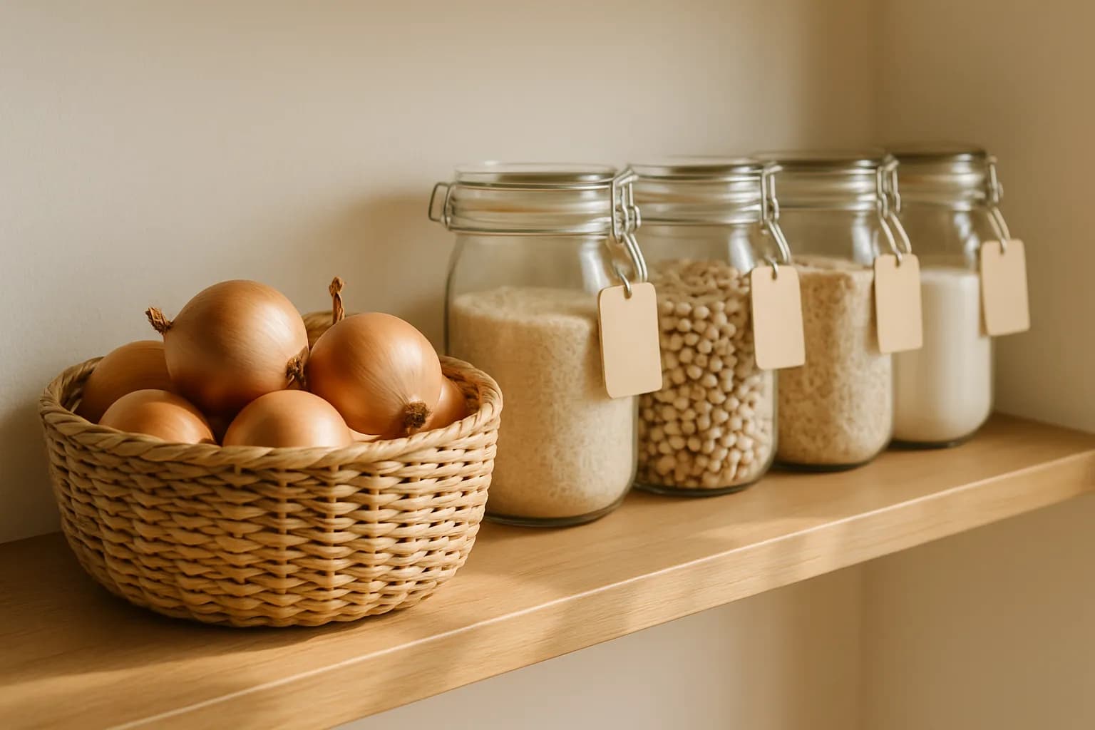 A close-up pantry detail — a woven basket of onions and a row of clip-top glass jars with small blank kraft label tags on a warm wood shelf