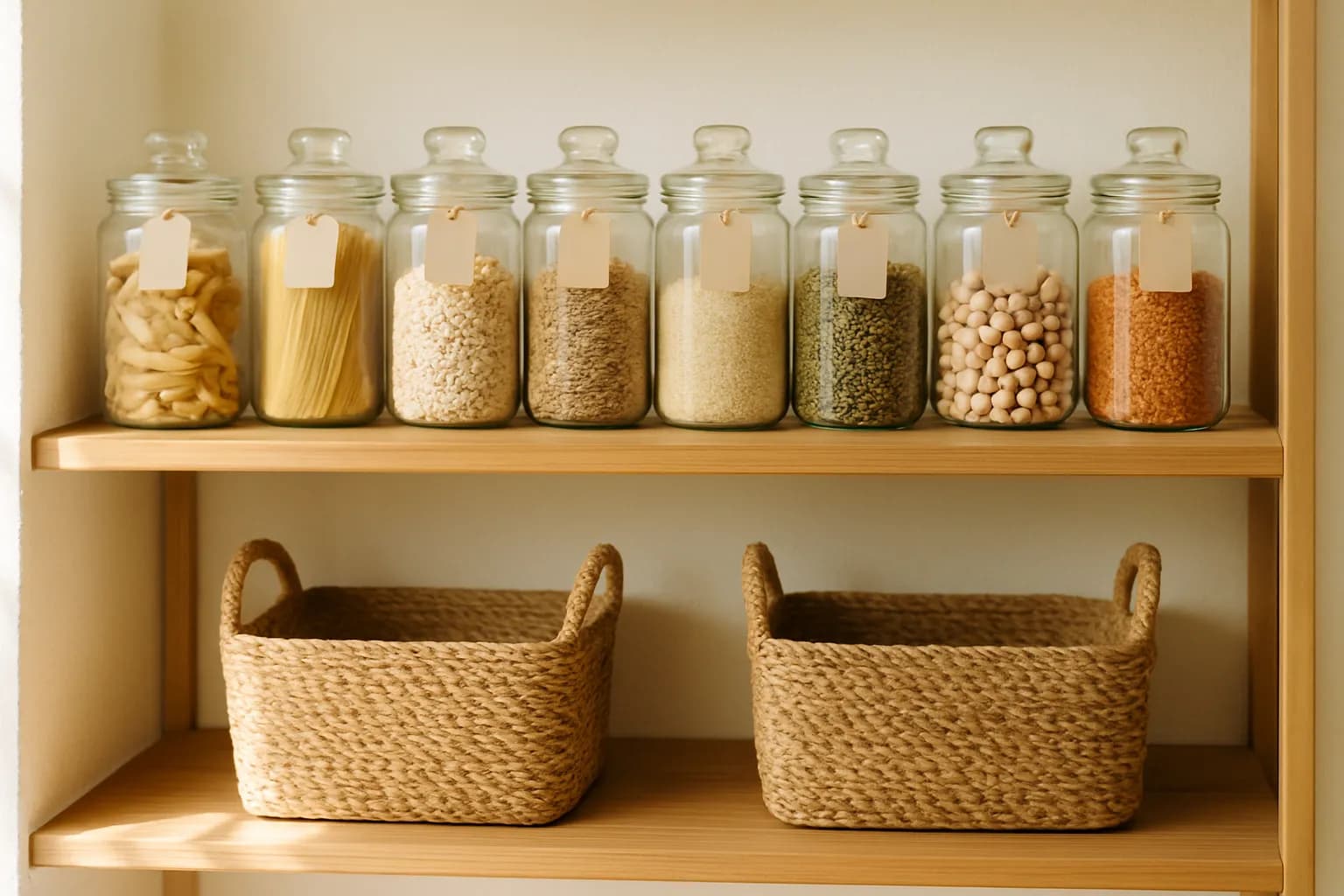 A tidy plastic-free pantry with matching glass jars and woven baskets.
