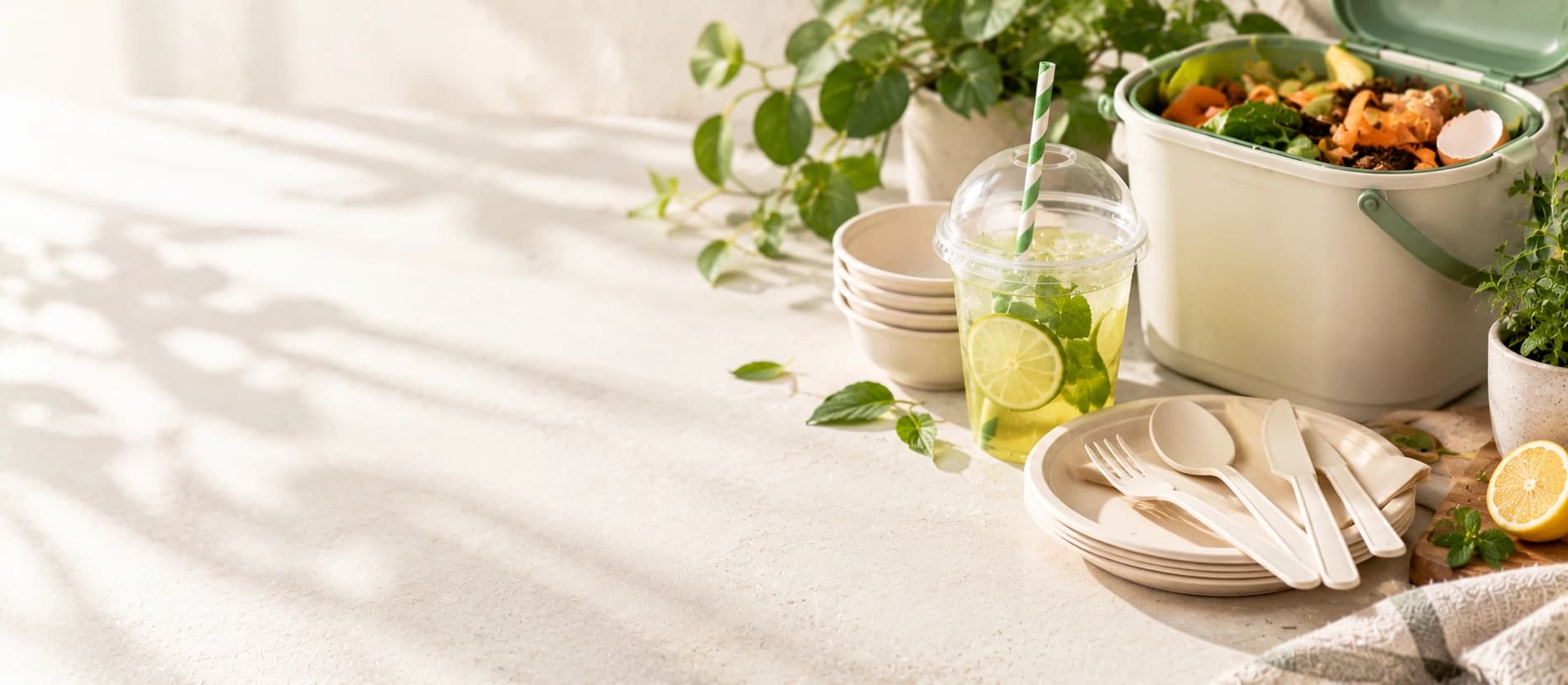 A compostable plant-based cup and cutlery beside a compost caddy.