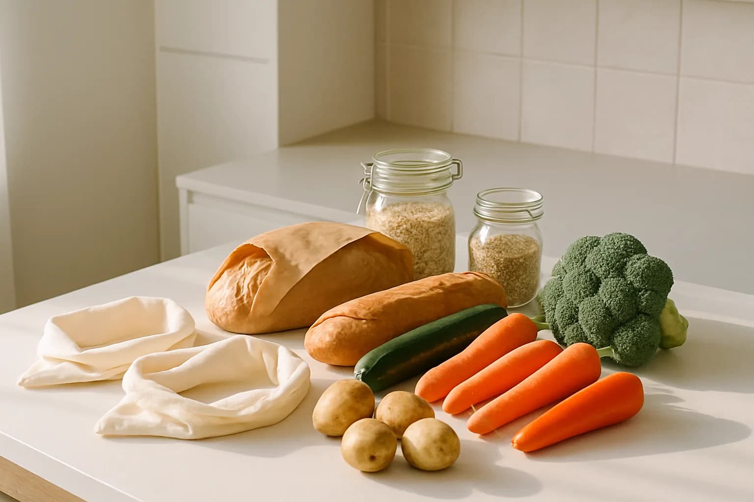 A market haul unpacked onto a counter — loose vegetables, a paper-wrapped loaf, and jars of bulk grains beside empty cloth produce bags