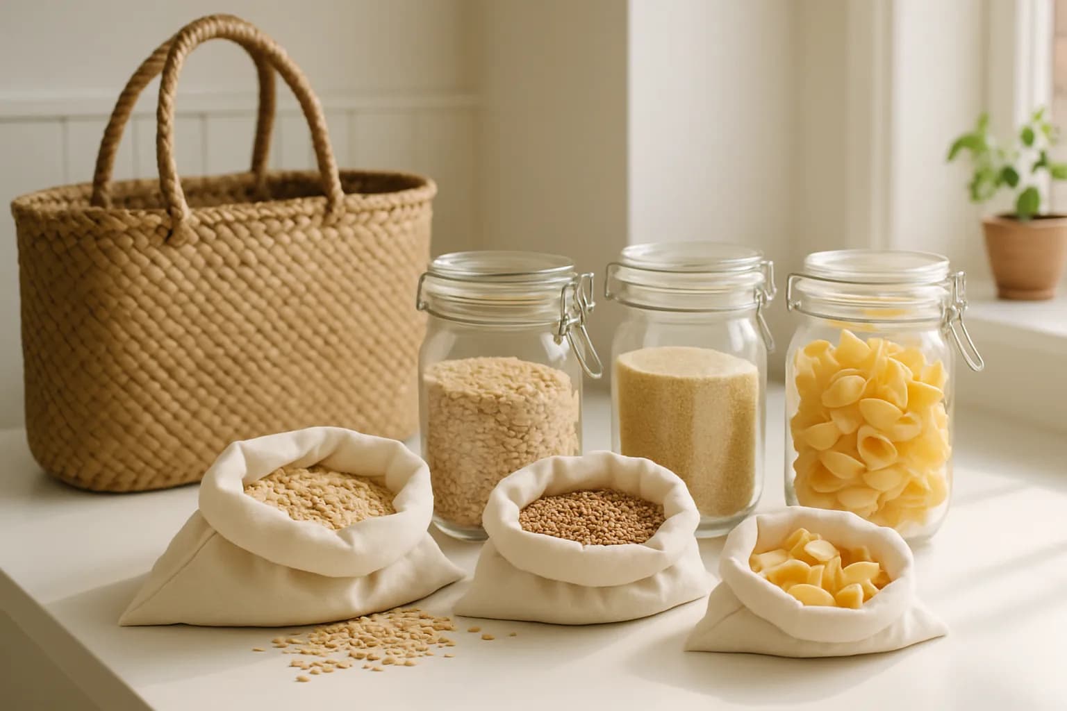 Cloth produce bags and jars of bulk grains beside a woven shopping basket.