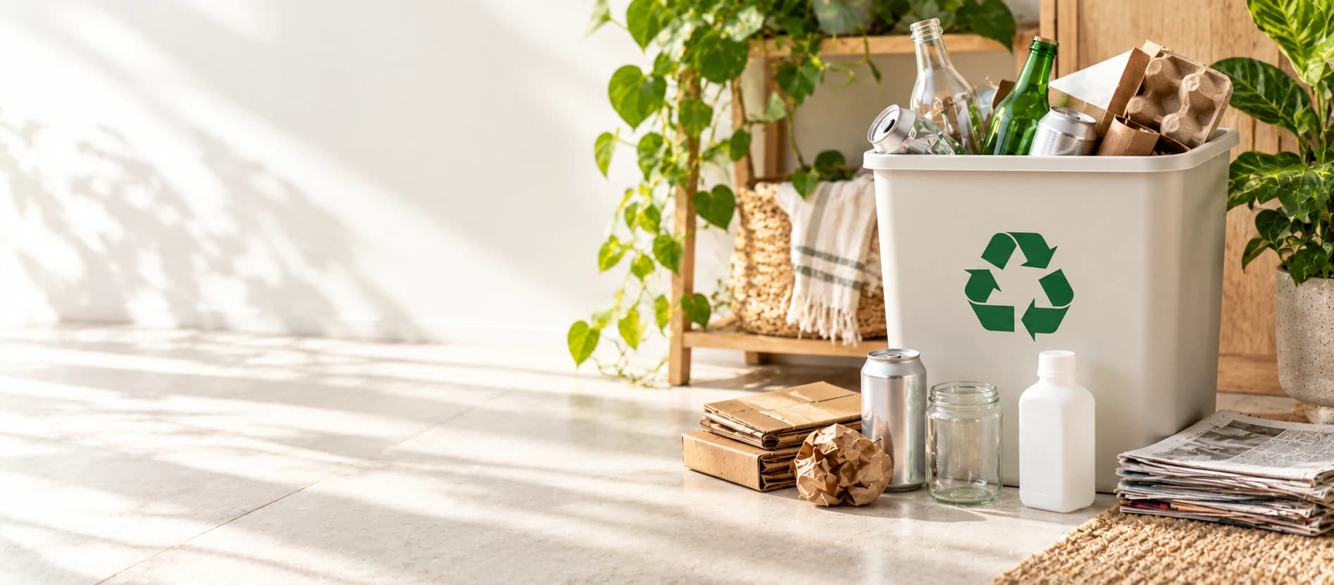 A clean home recycling bin with a few correctly-sorted items beside it.