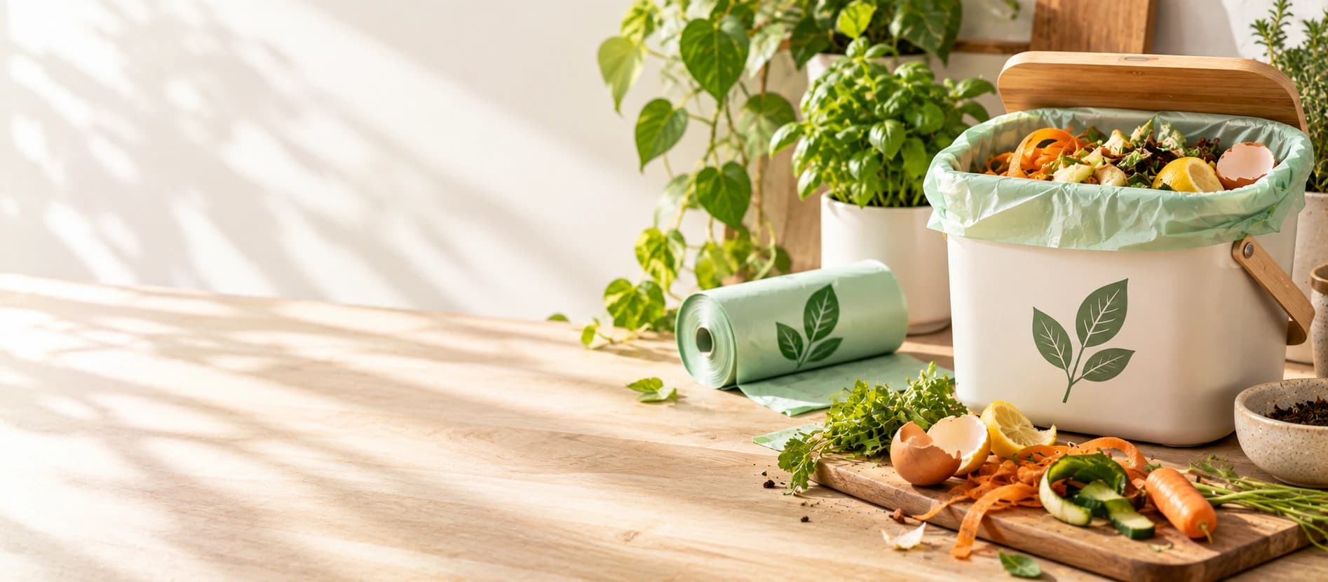 A compostable bag and food scraps beside a compost caddy on a wooden surface.