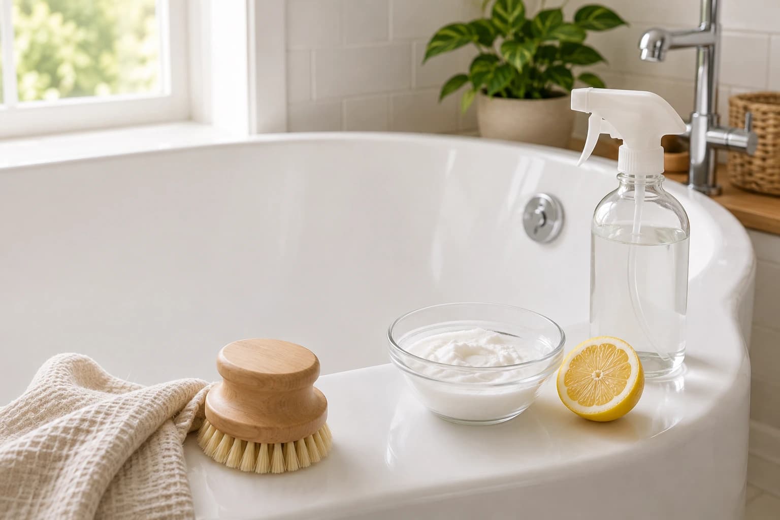 A clean white bathtub with a bowl of baking-soda paste, a wooden scrub brush, a lemon, and a spray bottle.