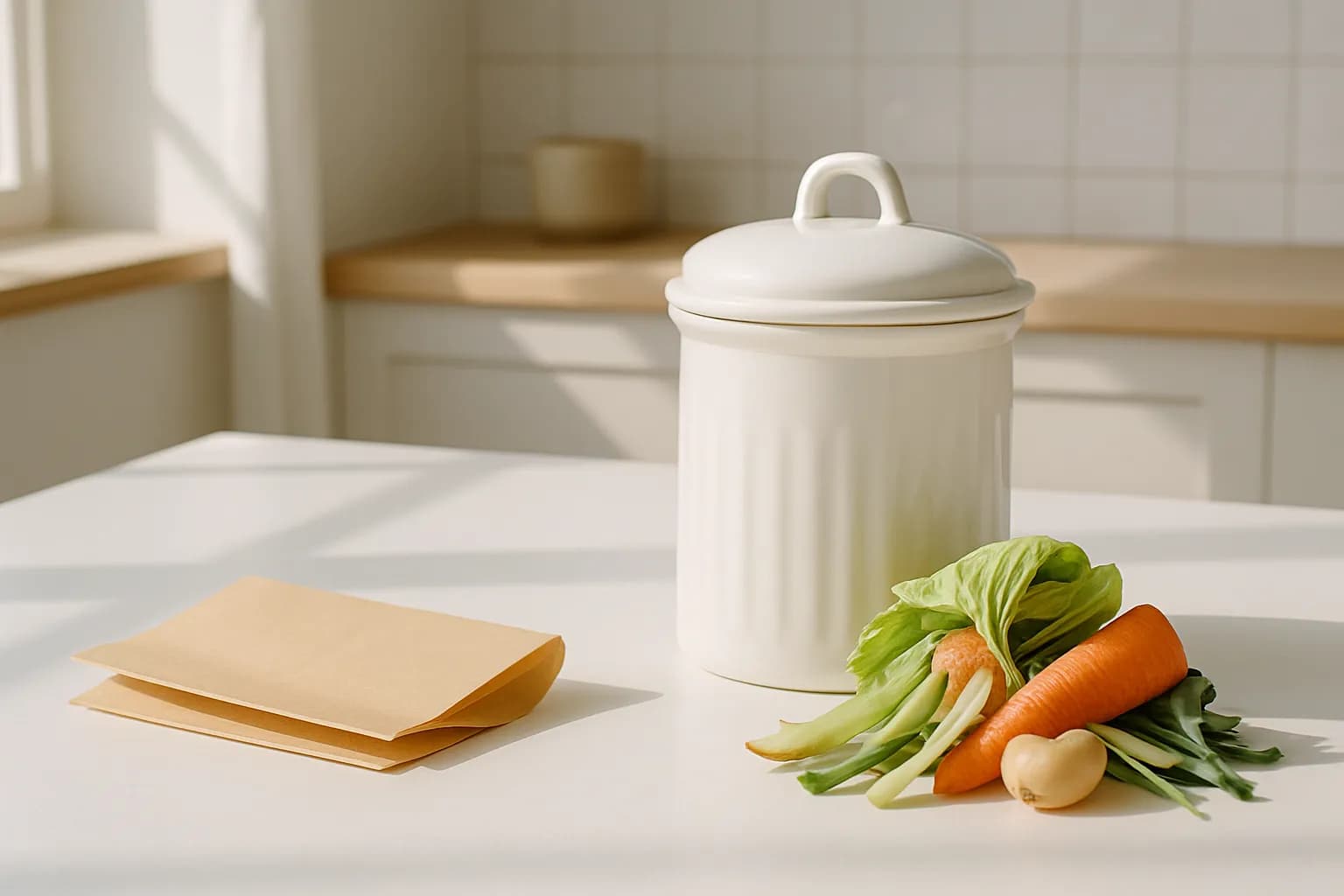 A repurposed lidded ceramic jar used as a countertop compost caddy.