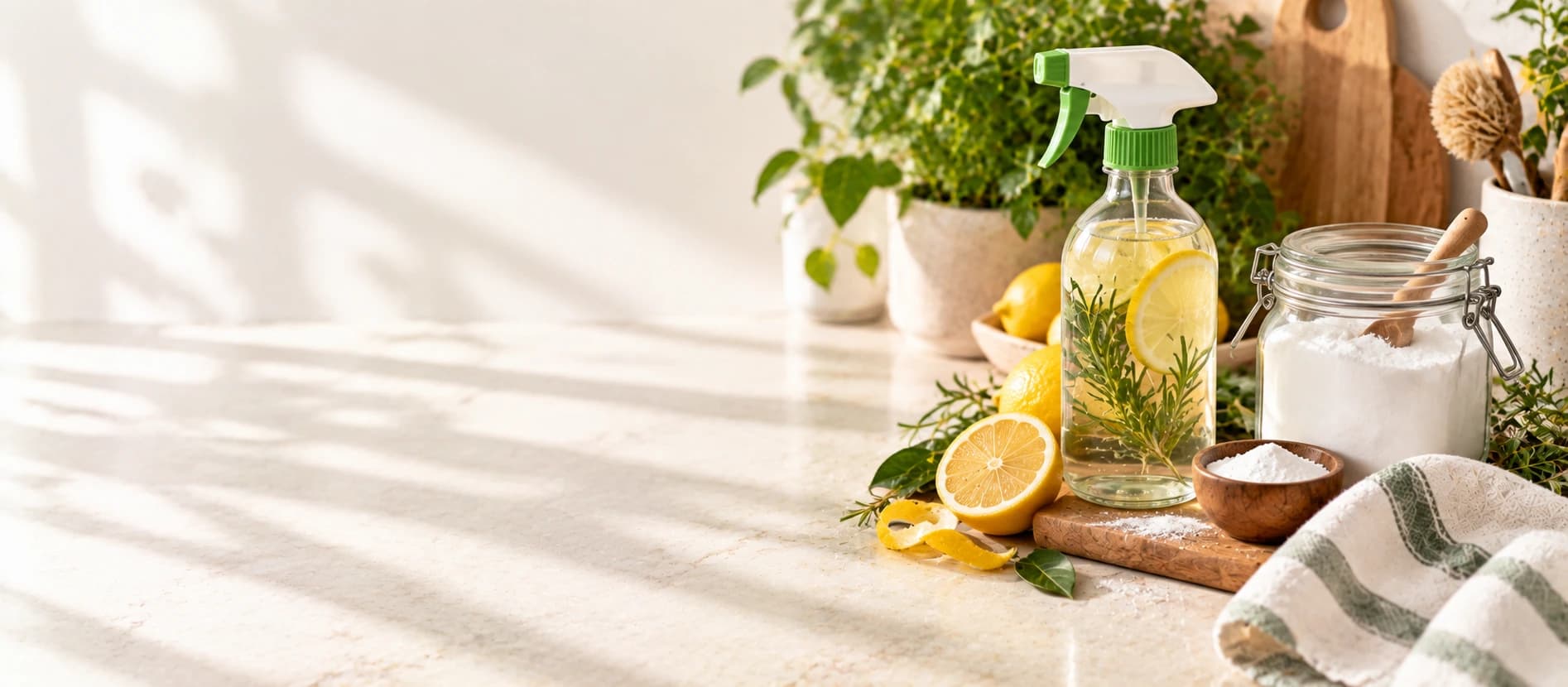 A homemade cleaner spray, a jar of bicarb and a lemon on a kitchen counter with a cloth.