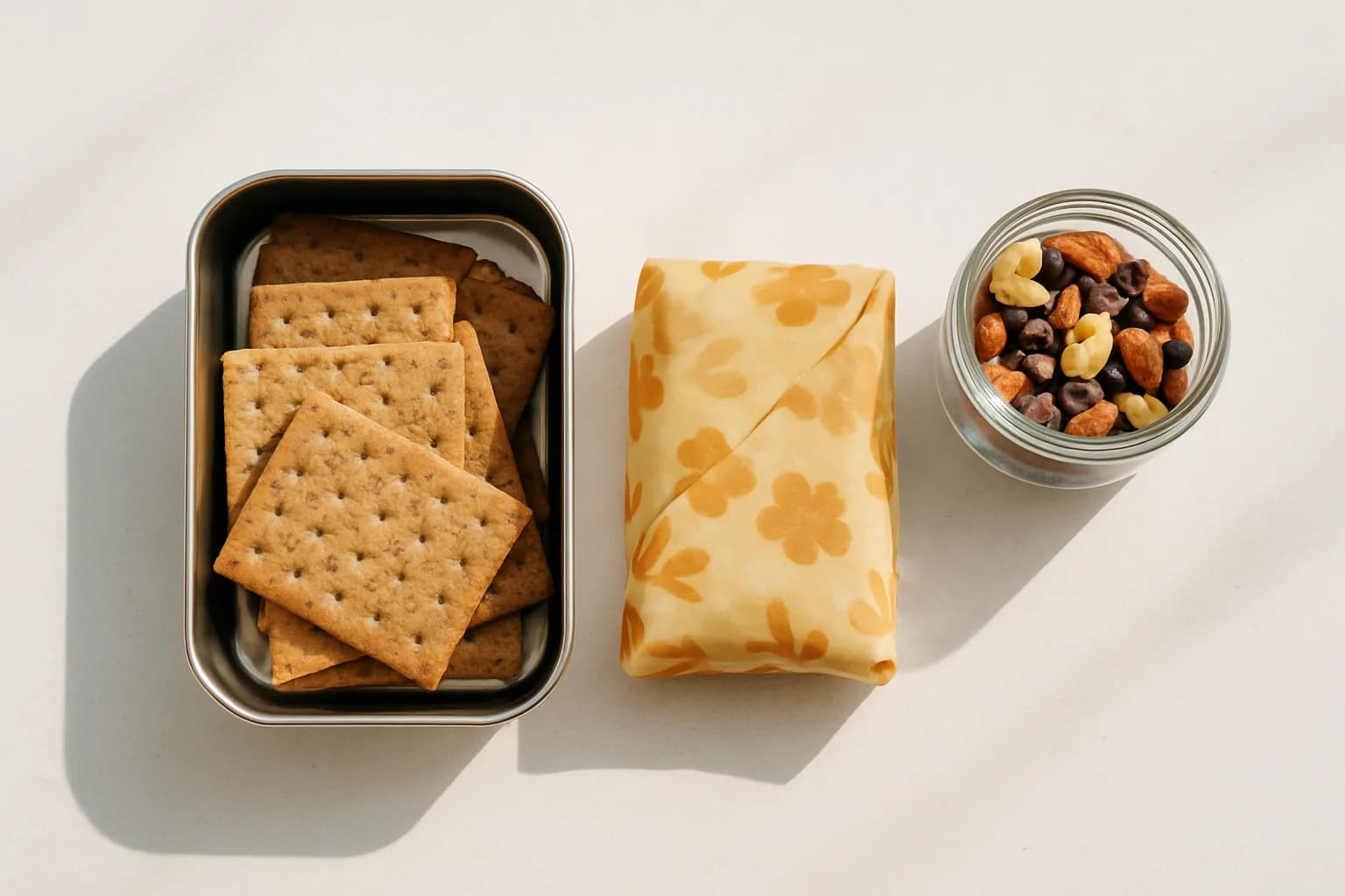 A packed lunchbox using plastic-free storage — a stainless tin of crackers, a beeswax-wrapped sandwich, and a small glass jar of trail mix