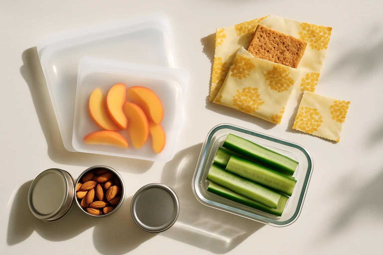 Reusable snack storage alternatives to plastic bags arranged on a counter.