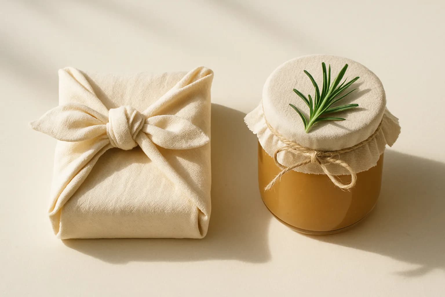 A small gift wrapped in a knotted fabric square beside a jar gift tied with twine and topped with a sprig of rosemary