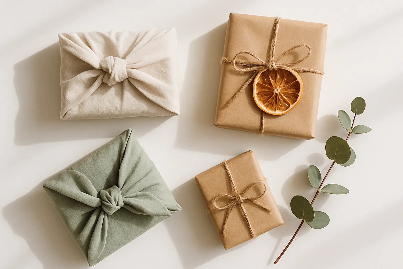 Gifts wrapped in fabric and brown kraft paper with twine, eucalyptus, and a dried orange slice.