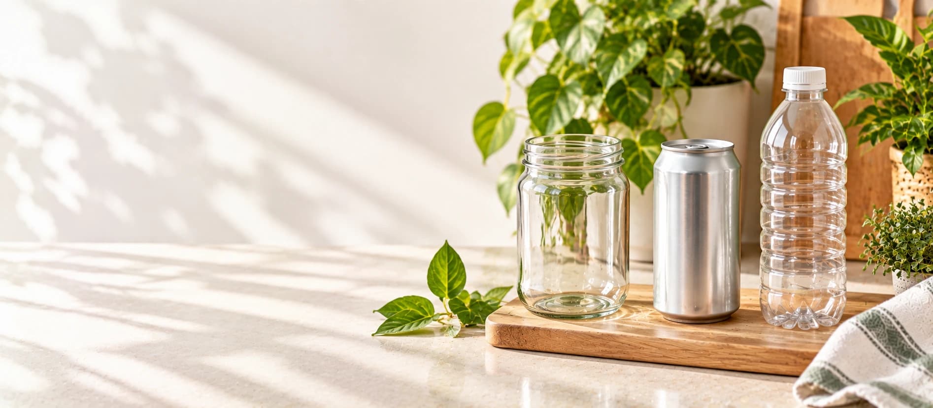 A glass jar, an aluminium can and a plastic bottle lined up for comparison.