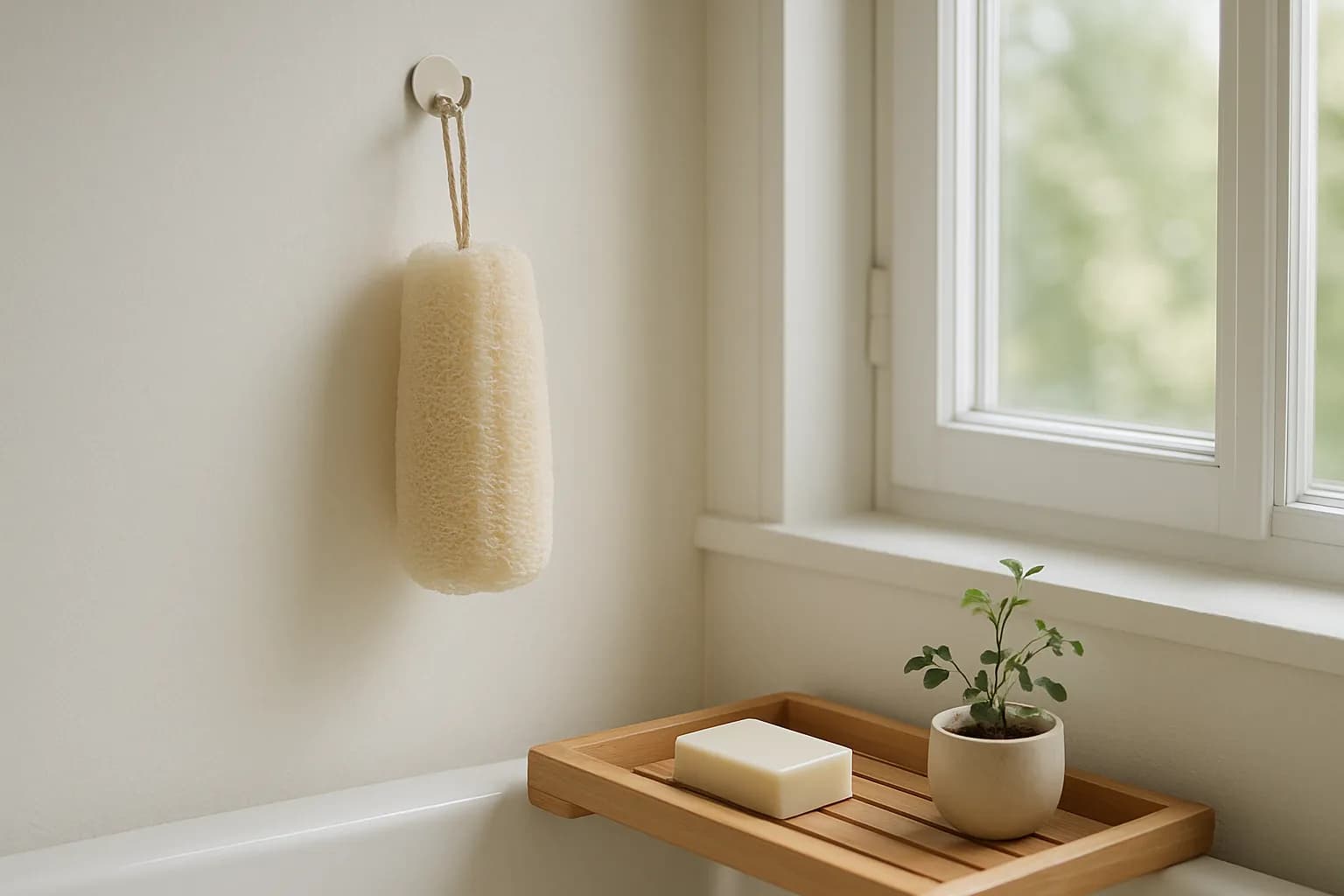 A natural loofah sponge hanging to dry beside an open bathroom window on a wooden bath tray.