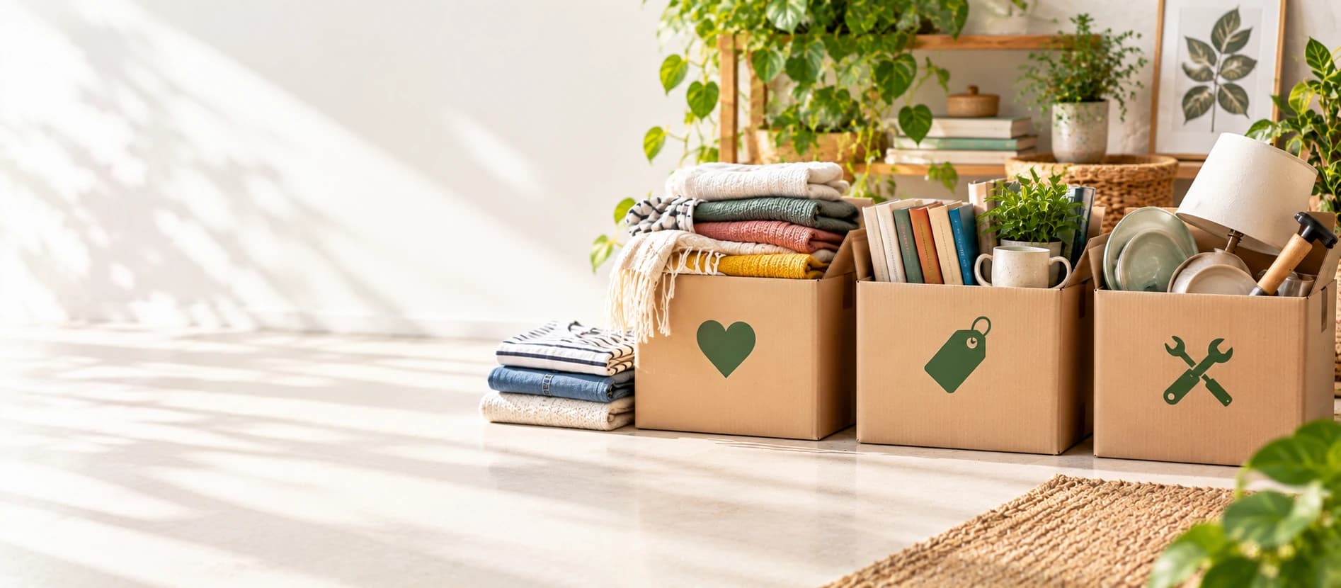 Sorted boxes of clothes, books and homeware ready to donate, sell and repair.