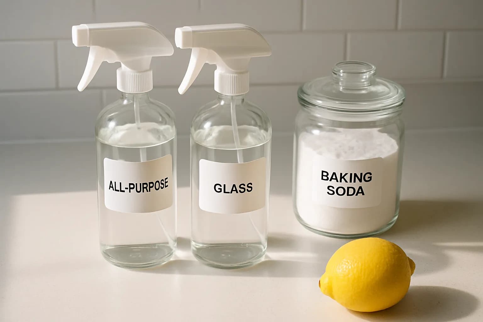Two labeled glass spray bottles beside a jar of baking soda and a lemon on a clean kitchen counter