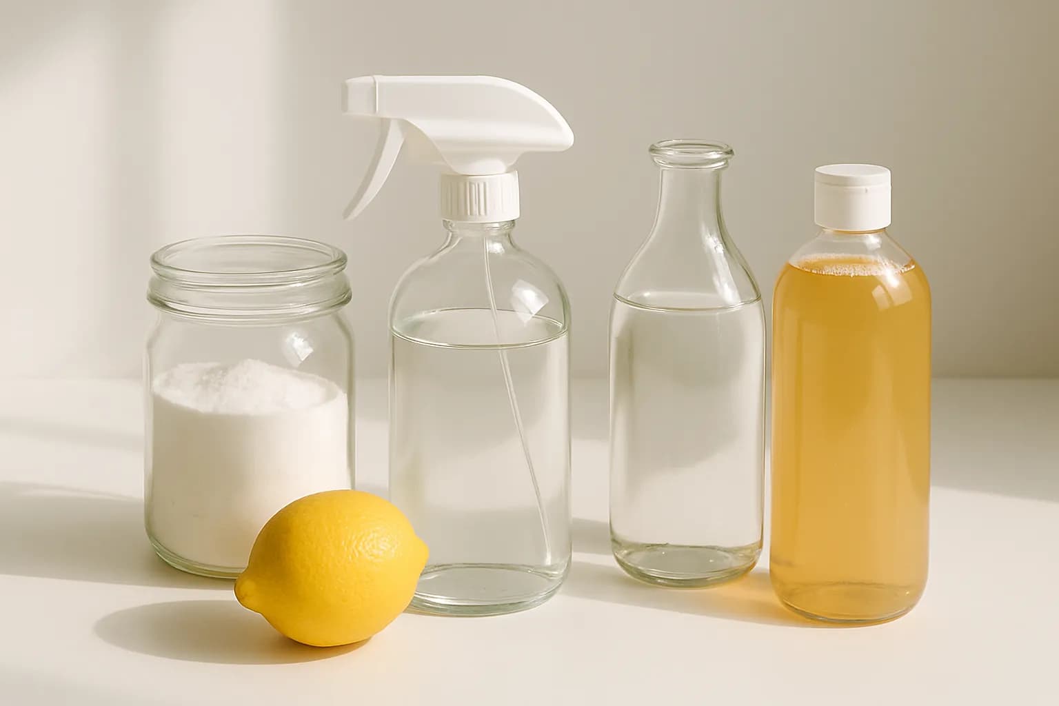 Homemade natural cleaning supplies — vinegar, baking soda, castile soap, and a lemon.