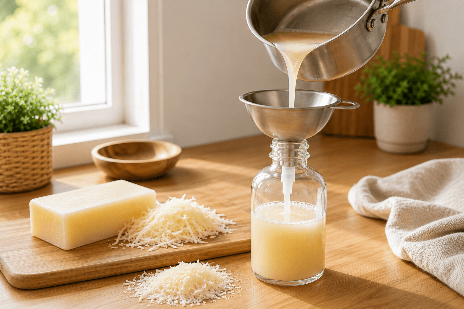 Homemade liquid soap being funnelled into a glass pump dispenser next to a grated bar of soap.