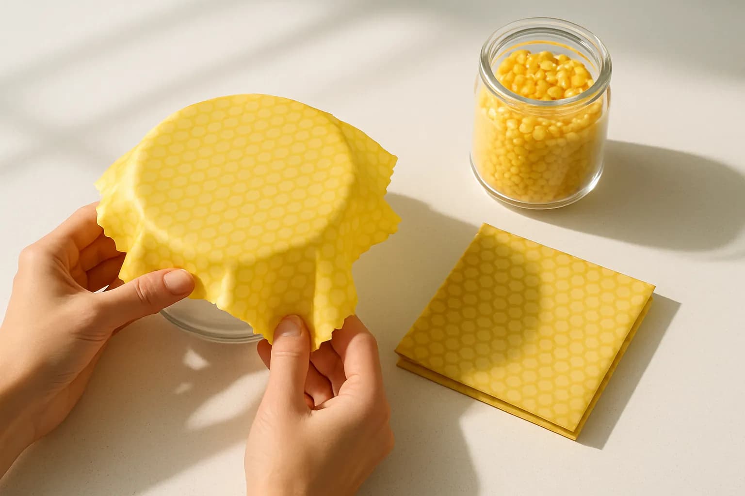A beeswax wrap being molded over a glass bowl and another folded wrap beside a jar of beeswax pellets on a clean counter