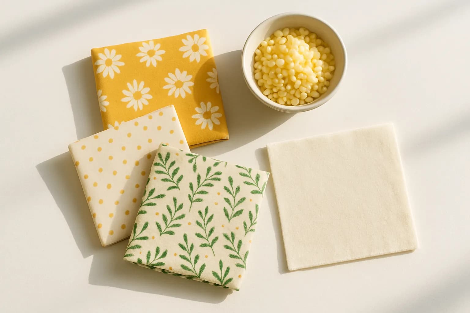 Homemade beeswax wraps in patterned cotton beside beeswax pellets.