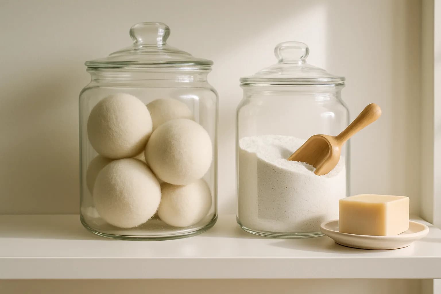 A close-up laundry shelf detail — a glass jar of wool dryer balls beside a jar of powder detergent with a wooden scoop and a bar of stain soap on a saucer