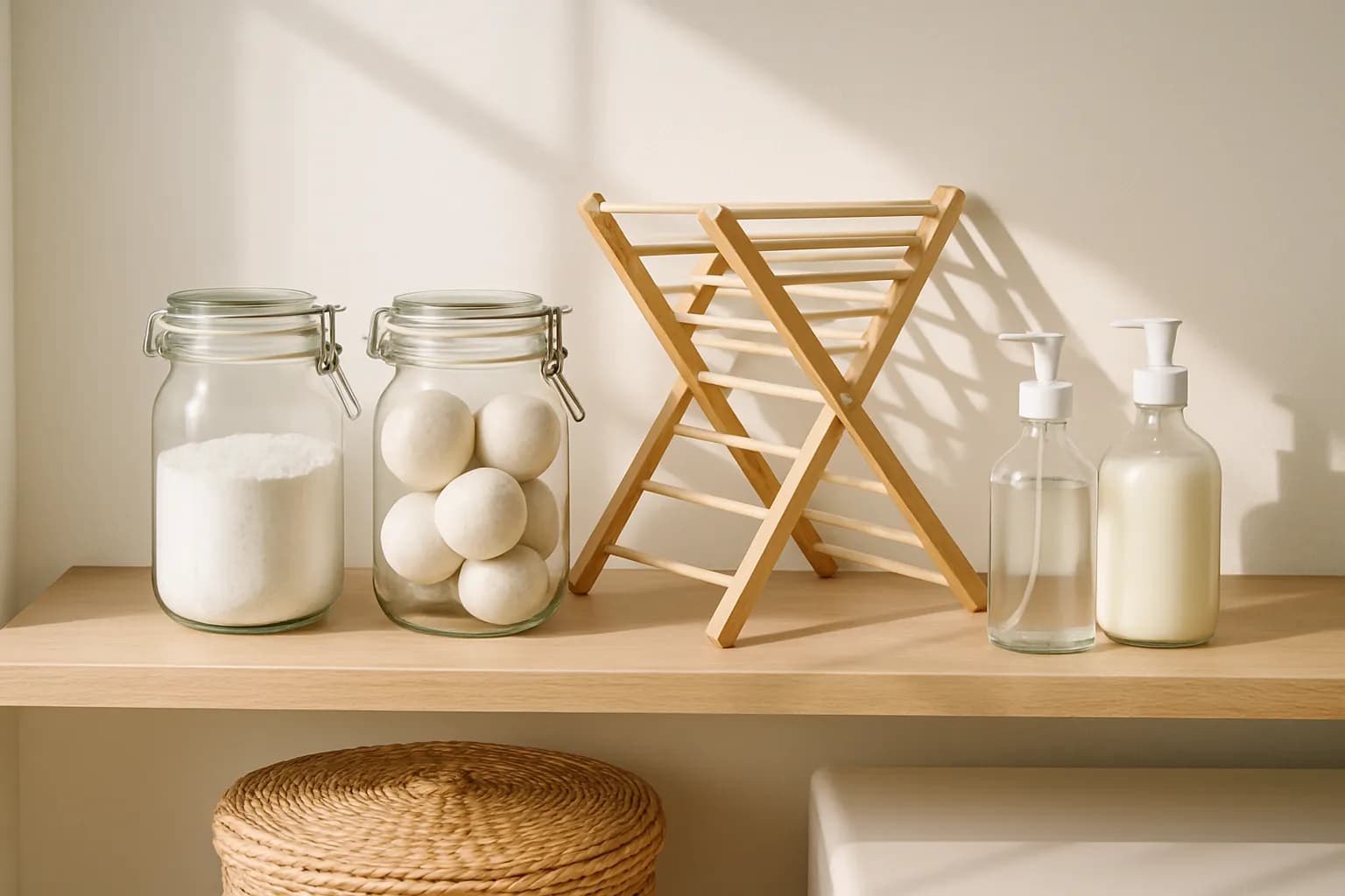 A tidy zero-waste laundry room with refillable jars, wool dryer balls, and a wooden rack.