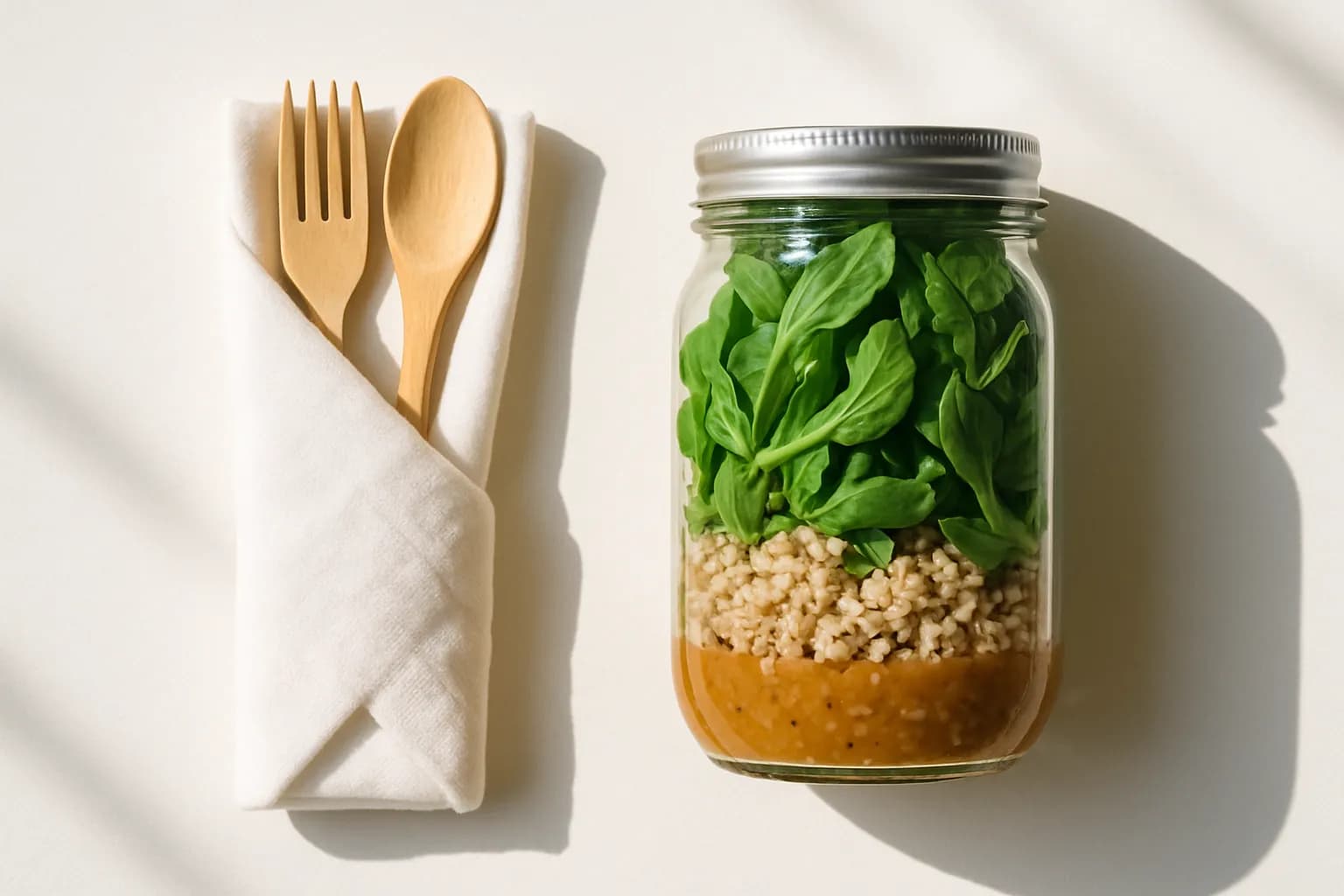 A mason-jar salad layered with dressing, grains, and greens beside a cloth-napkin-wrapped set of bamboo cutlery