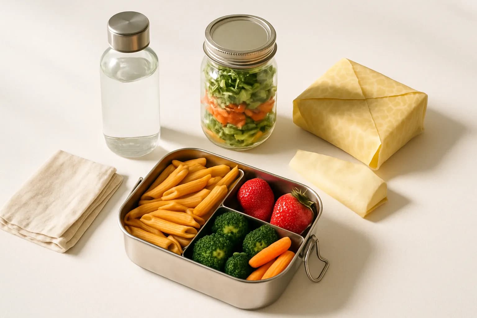 A packed zero-waste lunch — bento, jar salad, wrapped sandwich, cloth napkin, and bottle.
