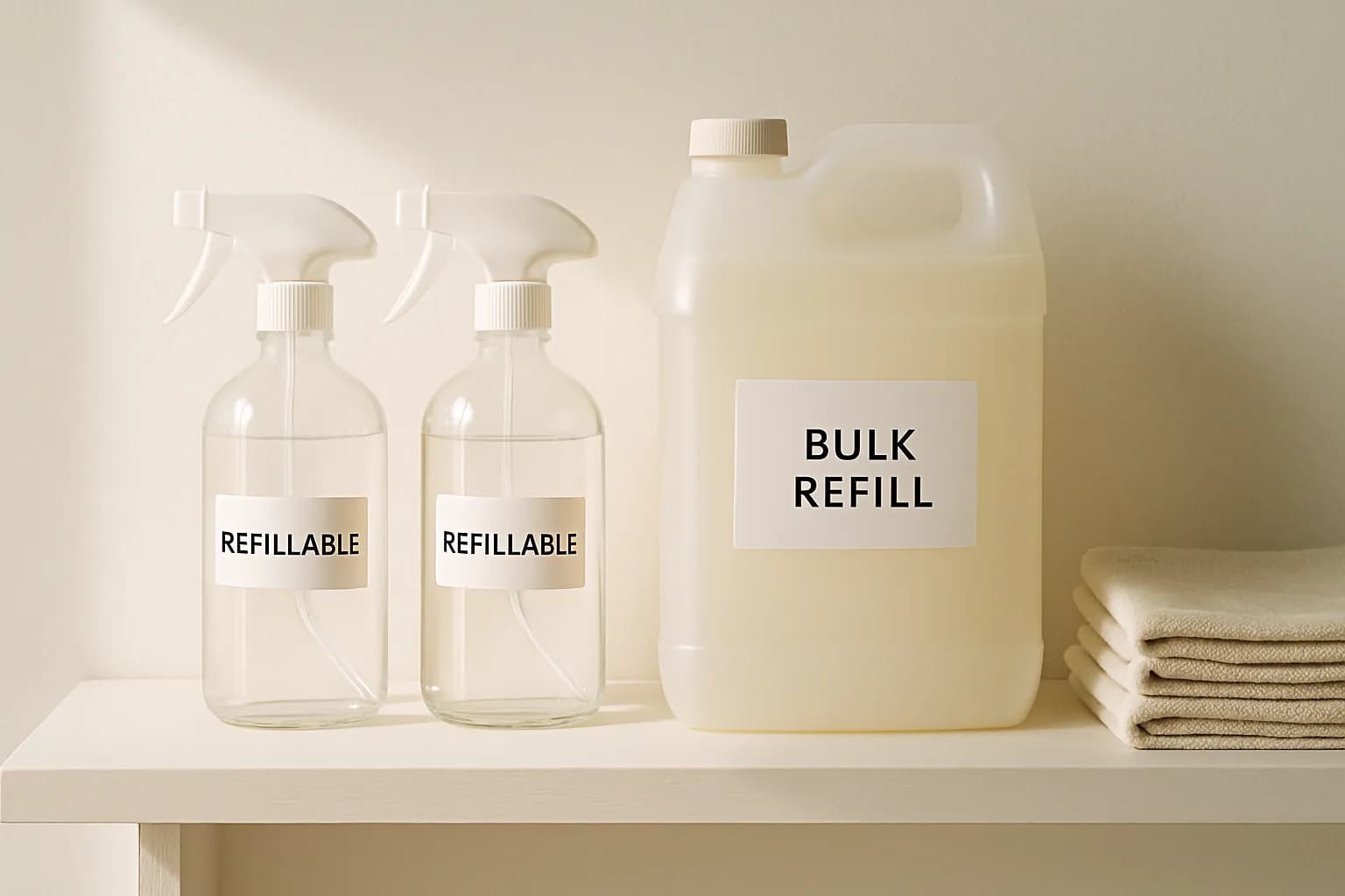 Two clearly labeled refillable spray bottles beside a bulk refill jug and a stack of folded cloth rags on a shelf