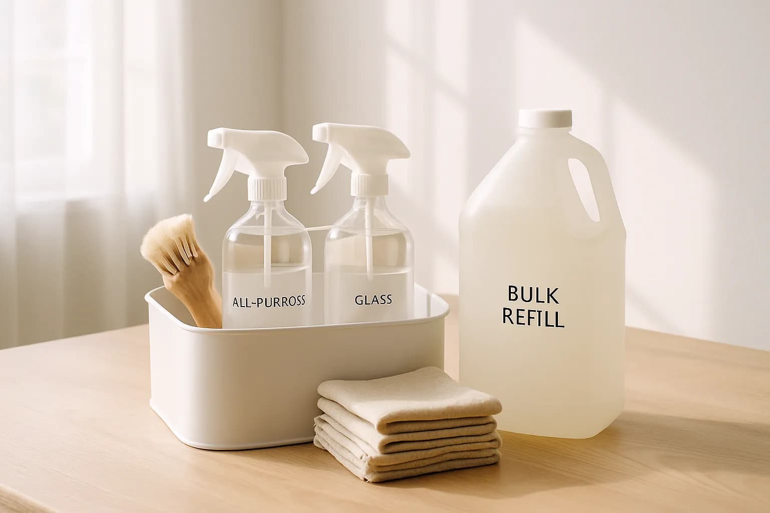 A cleaning caddy with labeled refillable spray bottles, a brush, and cloth rags.
