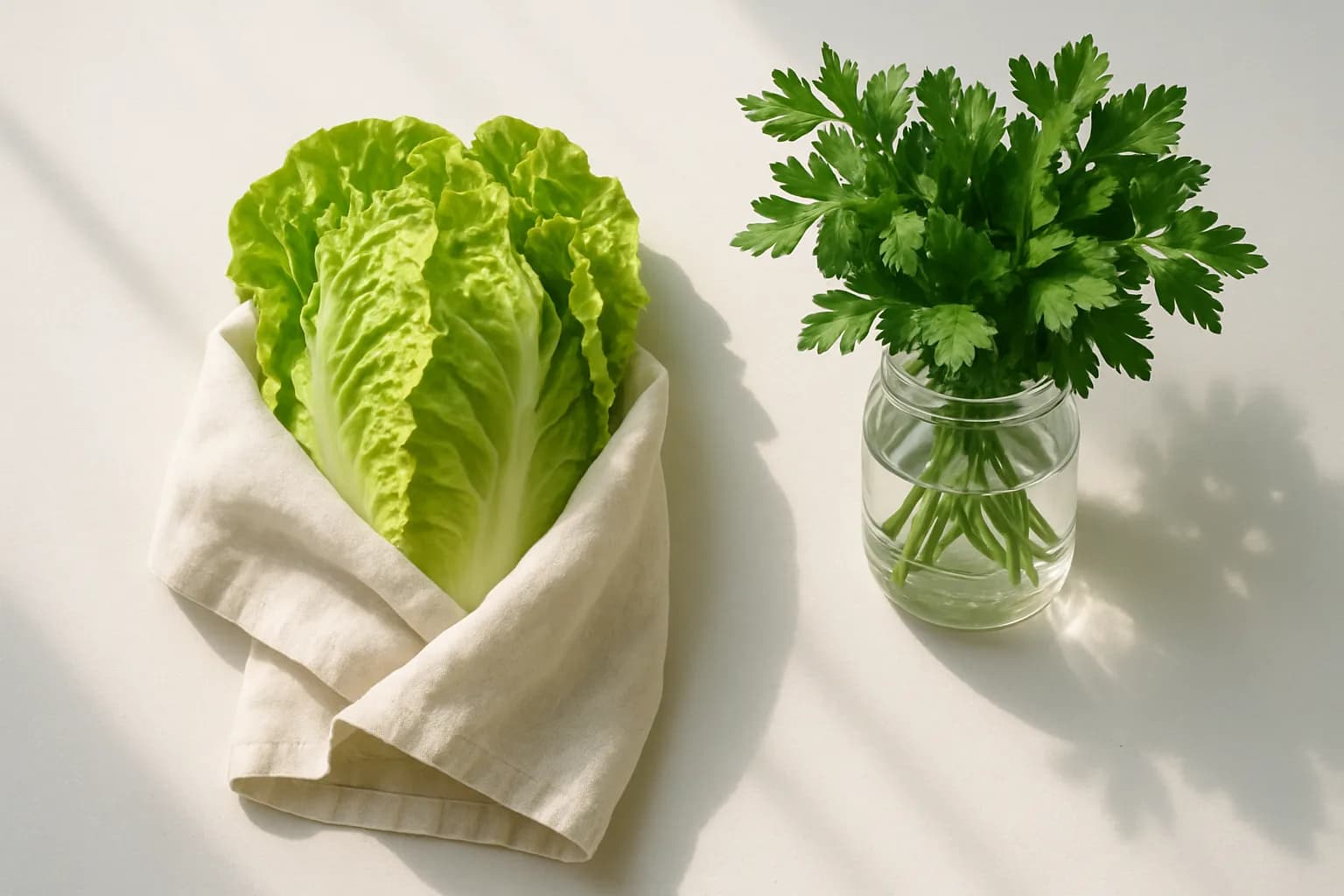 A head of lettuce wrapped in a linen tea towel beside a glass jar holding a bunch of parsley stems-down in water