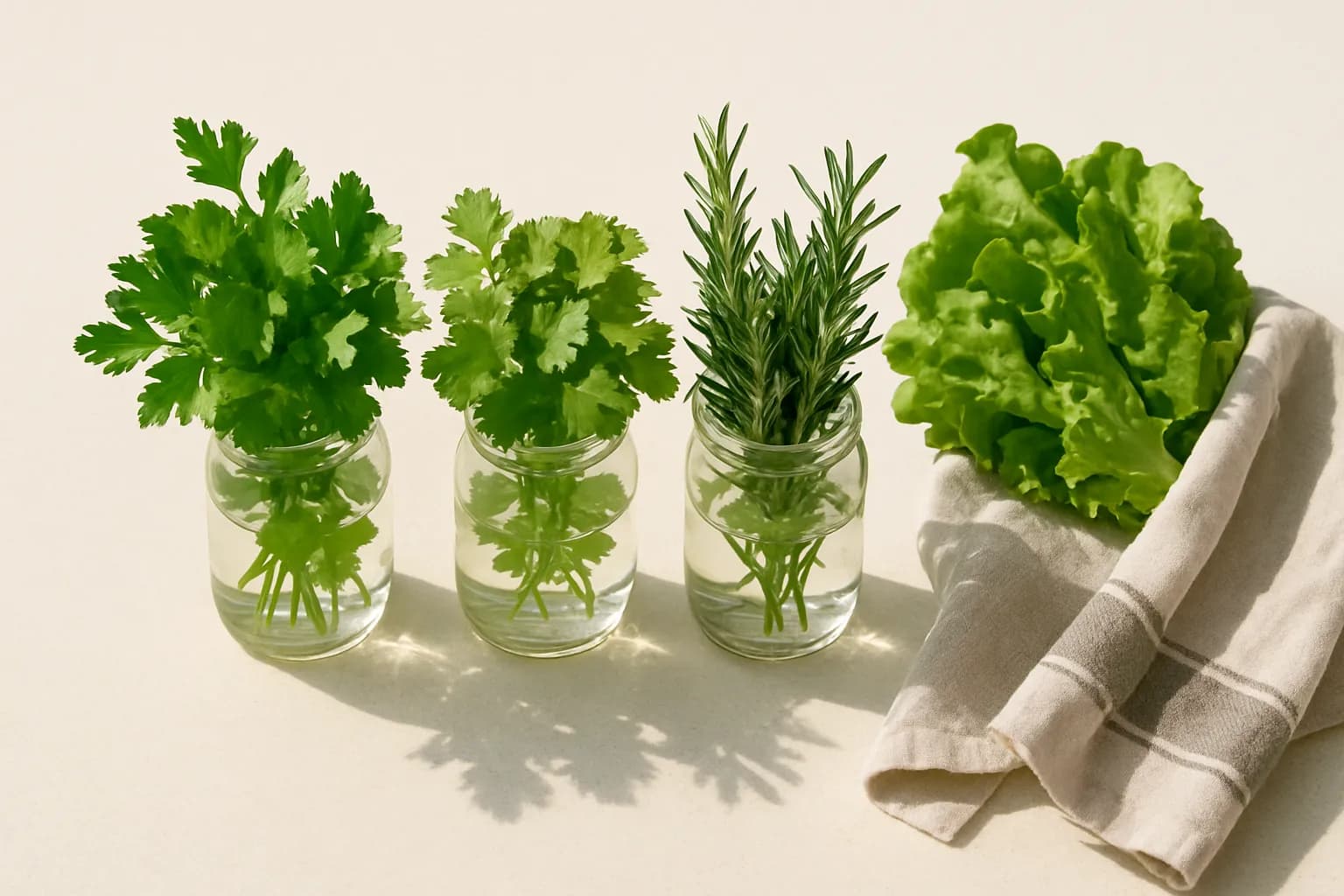 Fresh herbs in jars of water beside leafy greens wrapped in a linen tea towel.