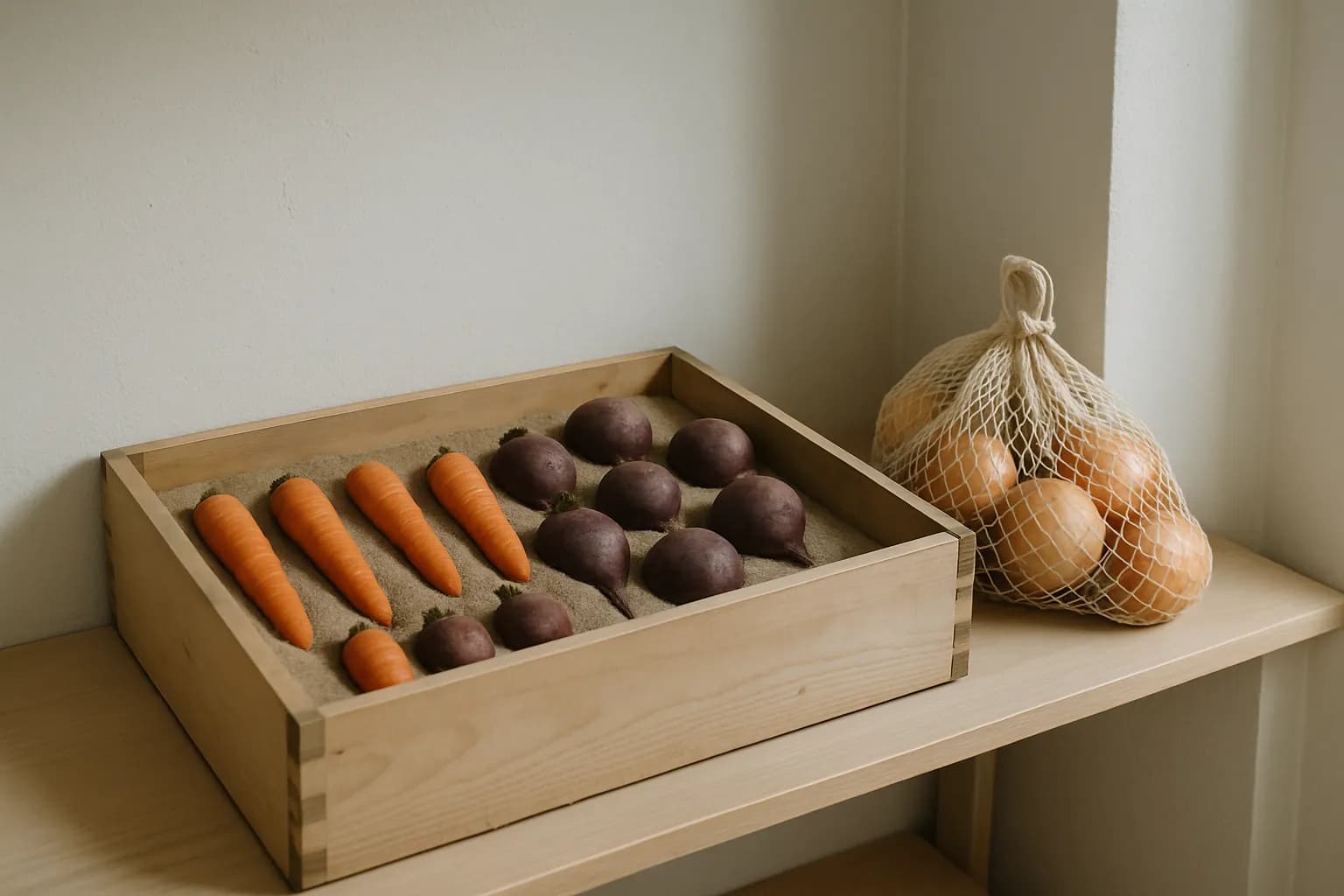 Carrots and beets layered in a wooden crate of sand with their tops removed, beside a mesh bag of onions, in a cool pantry