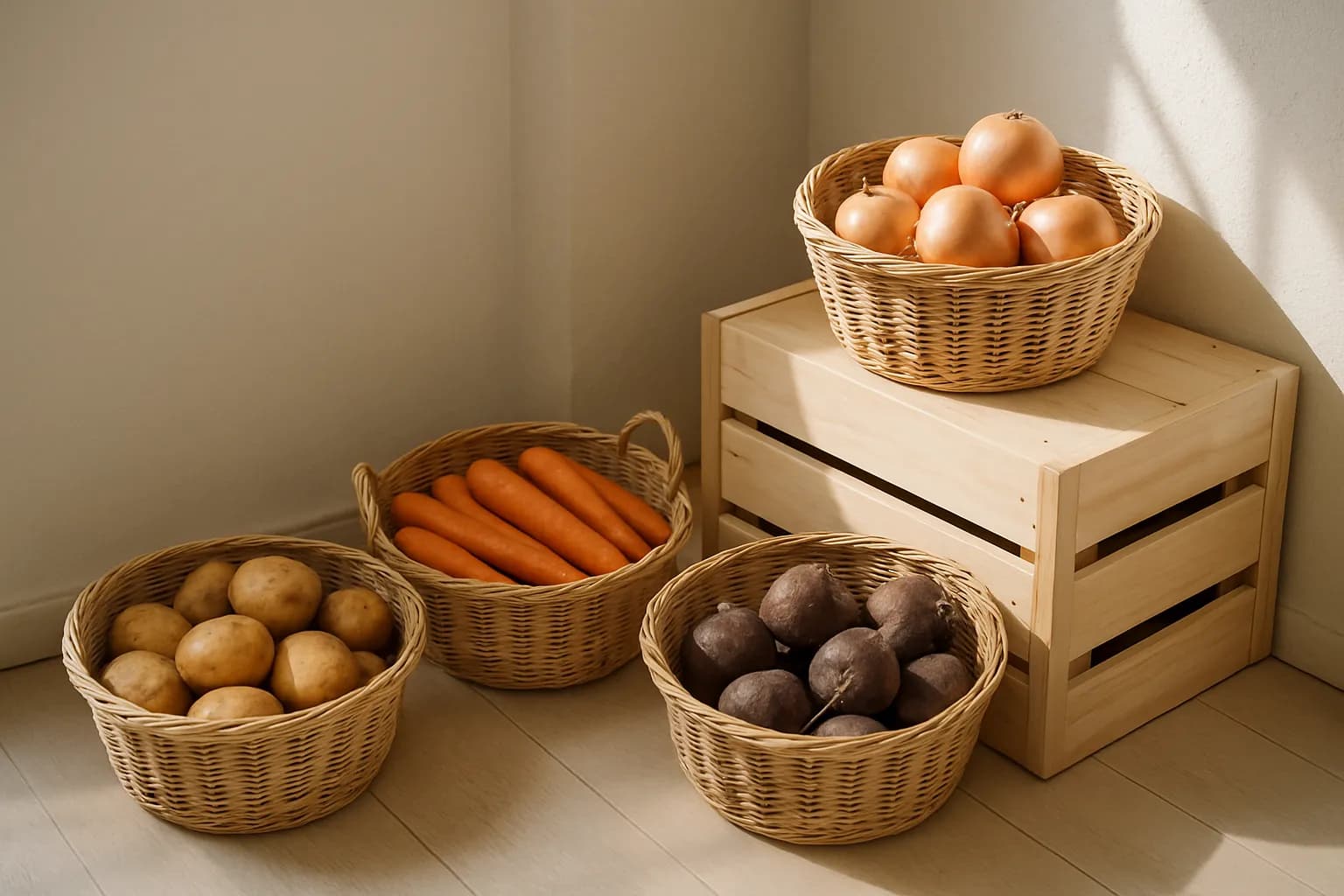 Root vegetables stored plastic-free in woven baskets and a wooden crate.