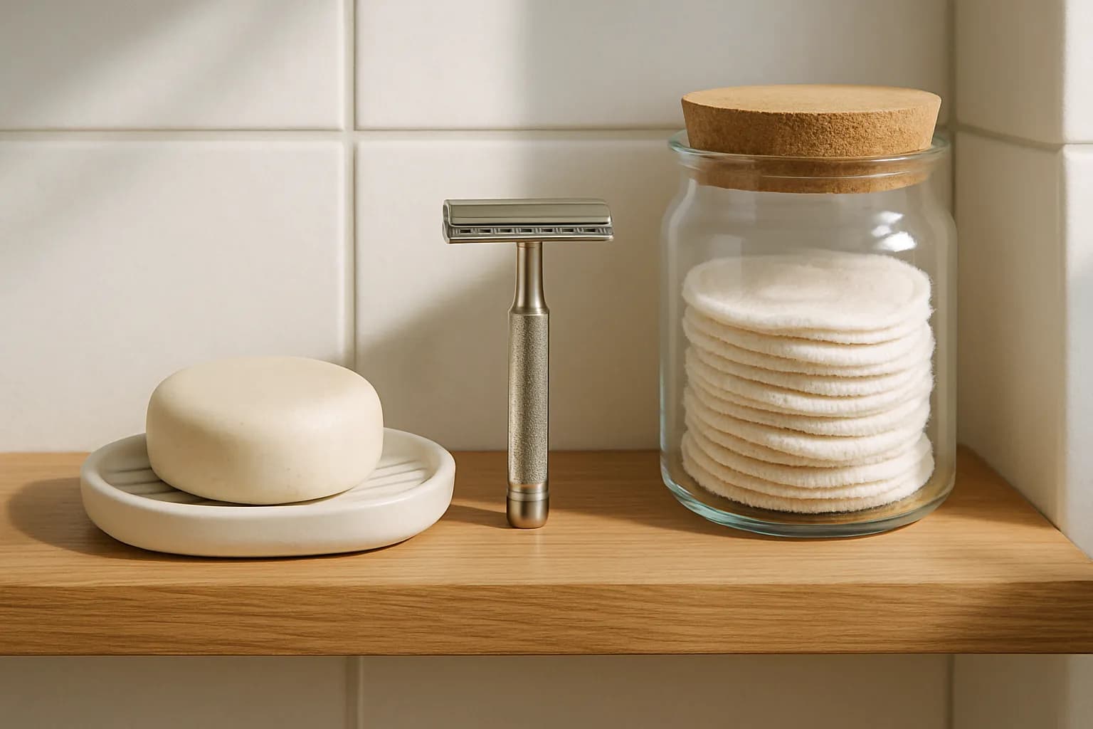 A close-up bathroom detail — a shampoo bar on a draining dish, a safety razor, and a glass jar of reusable cotton rounds on a warm wood shelf