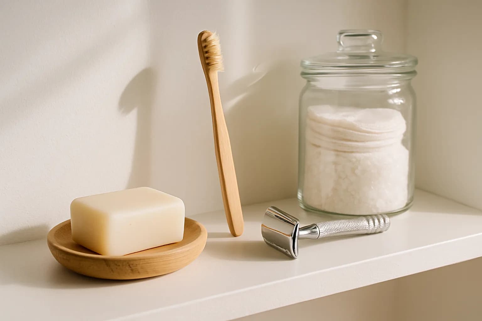 A minimalist plastic-free bathroom shelf with bar soap, bamboo toothbrush, safety razor, and jars.