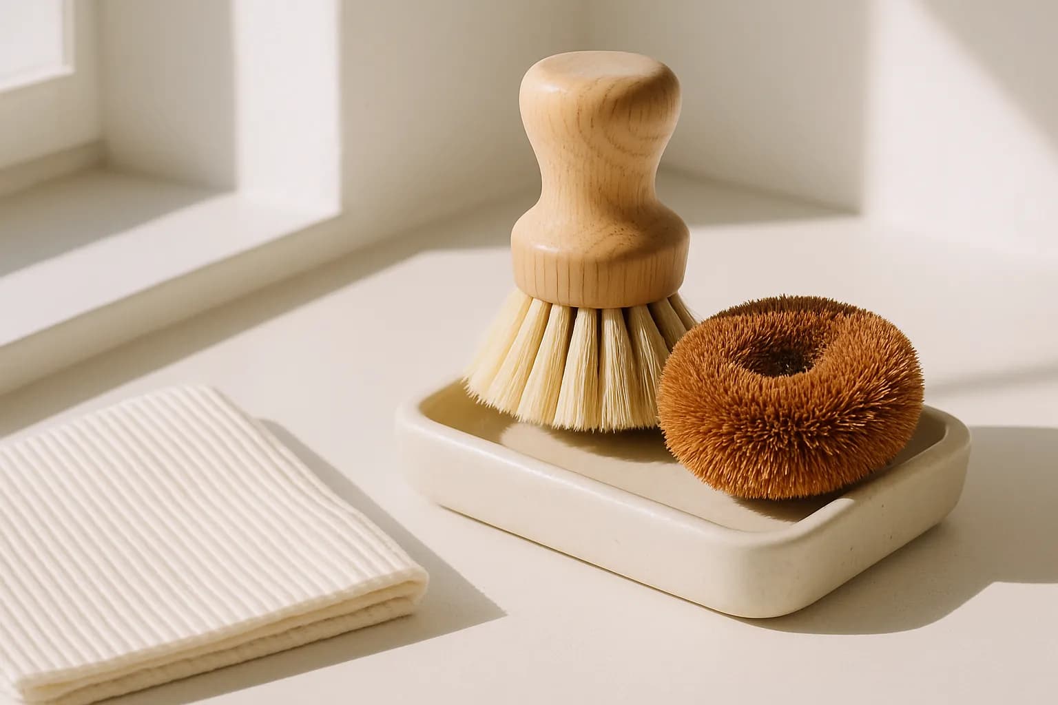 A close-up of a wooden dish brush and a coconut scrubber resting on a soap dish beside a folded Swedish dishcloth