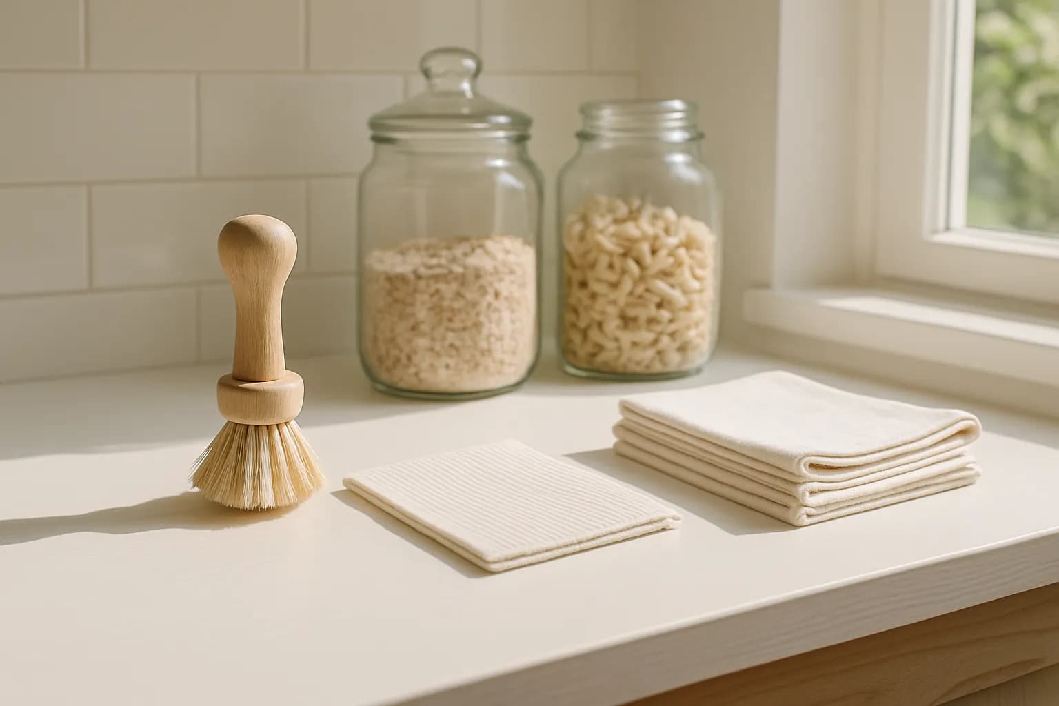 A plastic-free kitchen counter with a wooden brush, Swedish dishcloth, and glass jars.