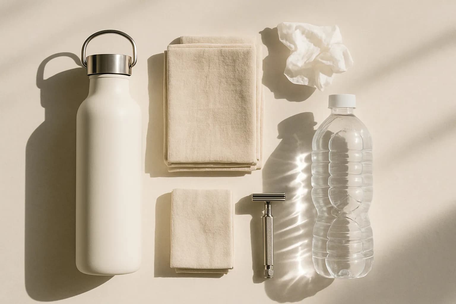 A reusable water bottle, a stack of folded cloth napkins, and a safety razor arranged neatly beside a single crumpled paper towel and a plastic water bottle
