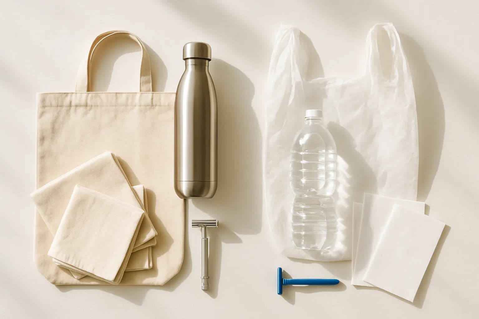 A flat-lay comparing reusable items with their disposable equivalents.