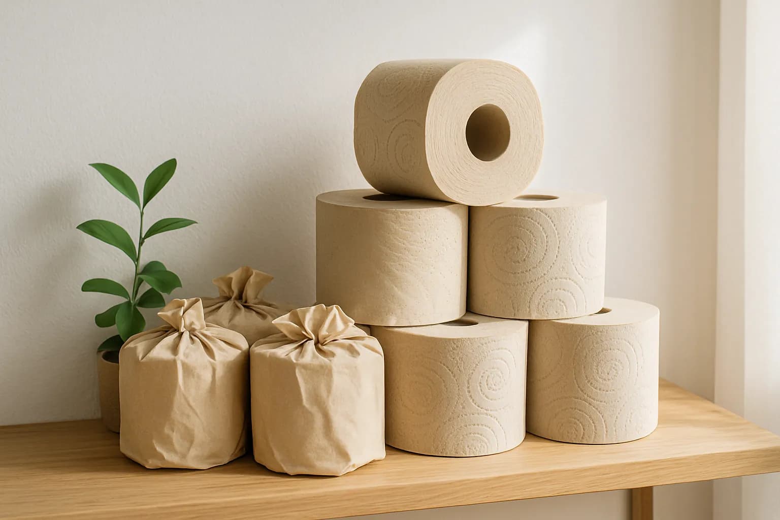 A stack of unbleached recycled and bamboo toilet paper rolls in paper wrapping on a wooden bathroom shelf.