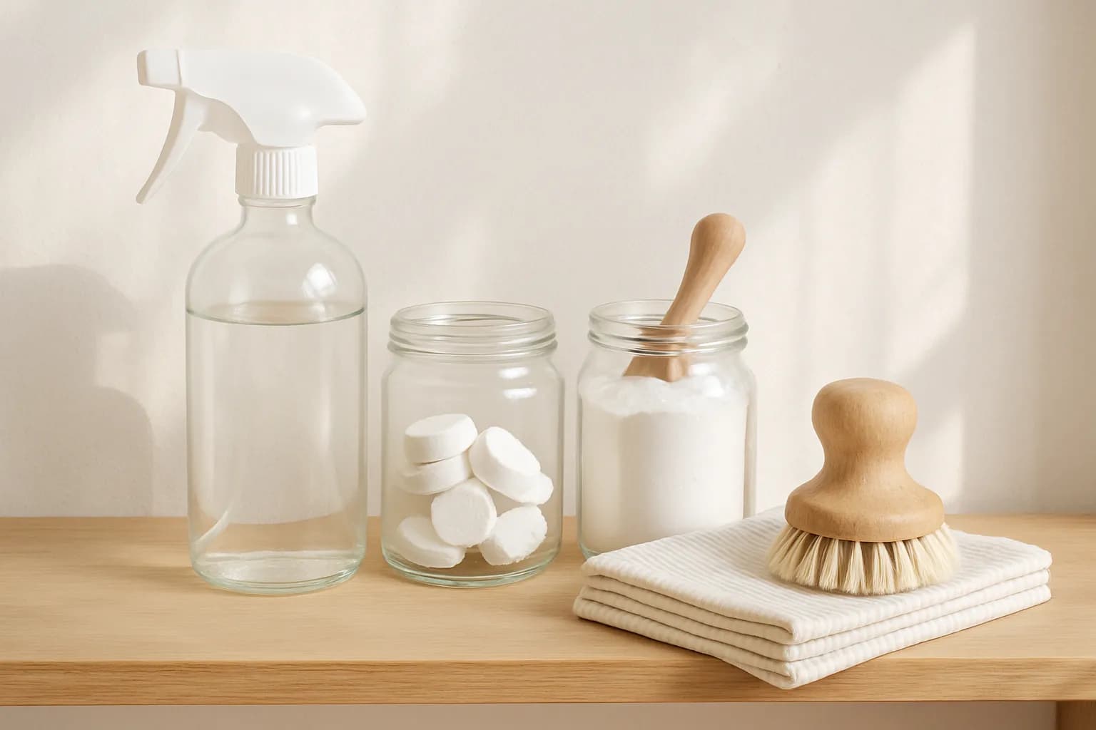 A plastic-free cleaning kit: a refillable glass spray bottle, cleaning tablets, bicarb, Swedish dishcloths and a brush on a shelf.