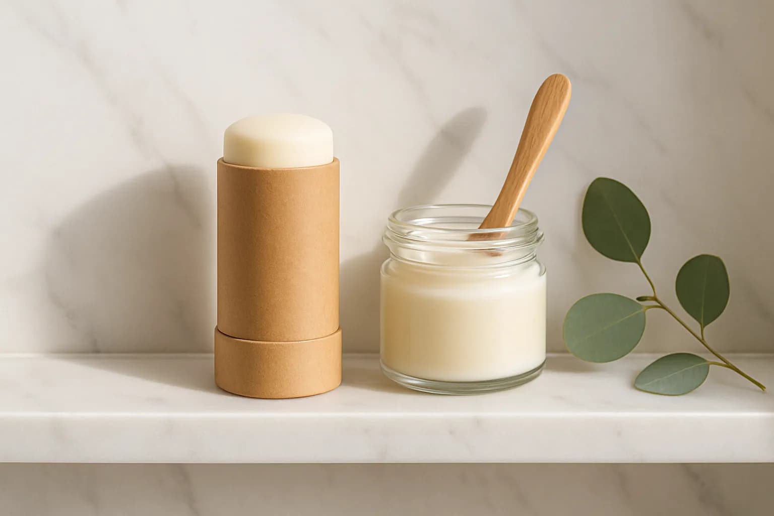 Plastic-free deodorant: a paperboard push-up stick and a glass jar of deodorant balm on a bathroom shelf.