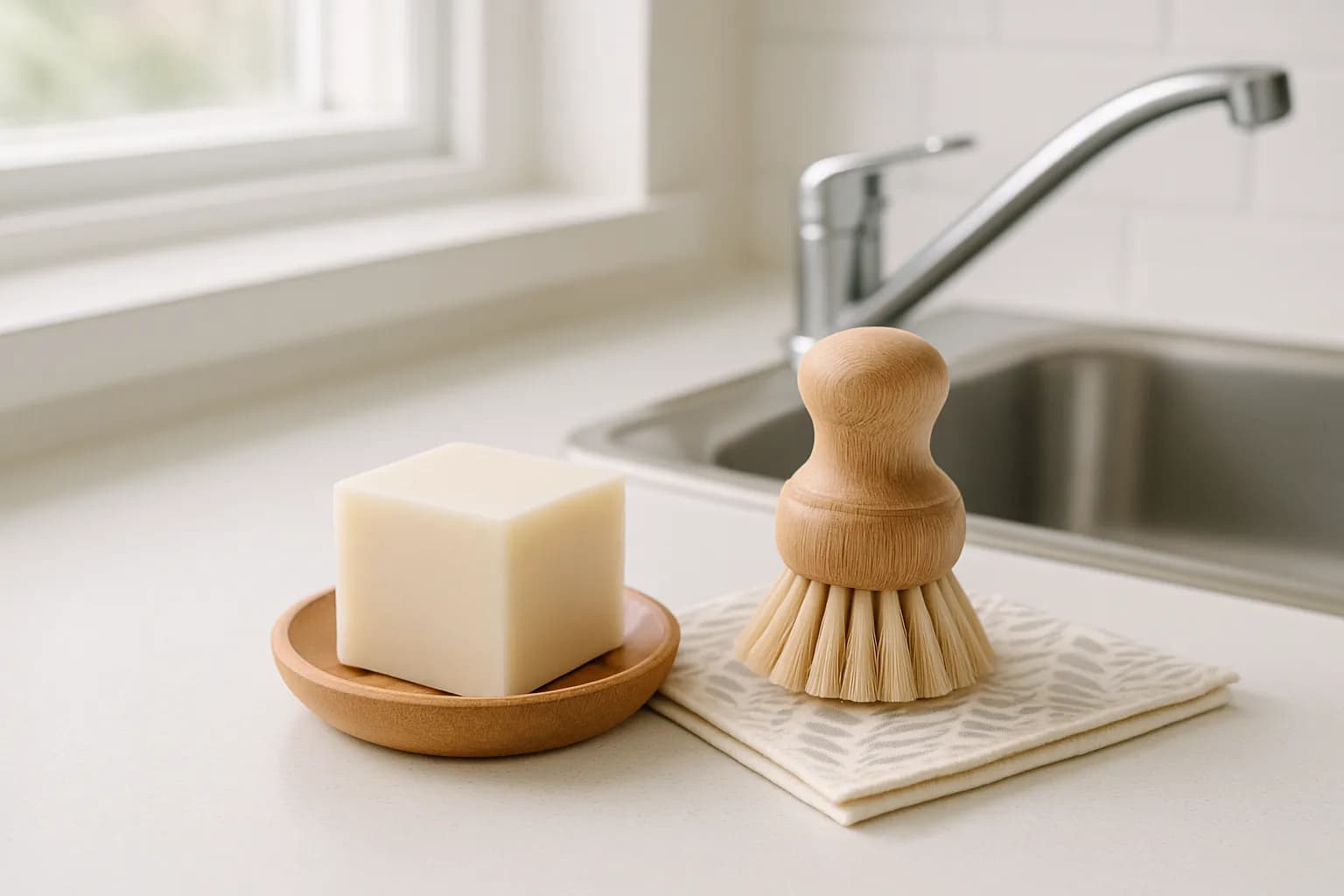A solid dish soap block on a wooden dish next to a bamboo dish brush and a Swedish dishcloth by a kitchen sink.